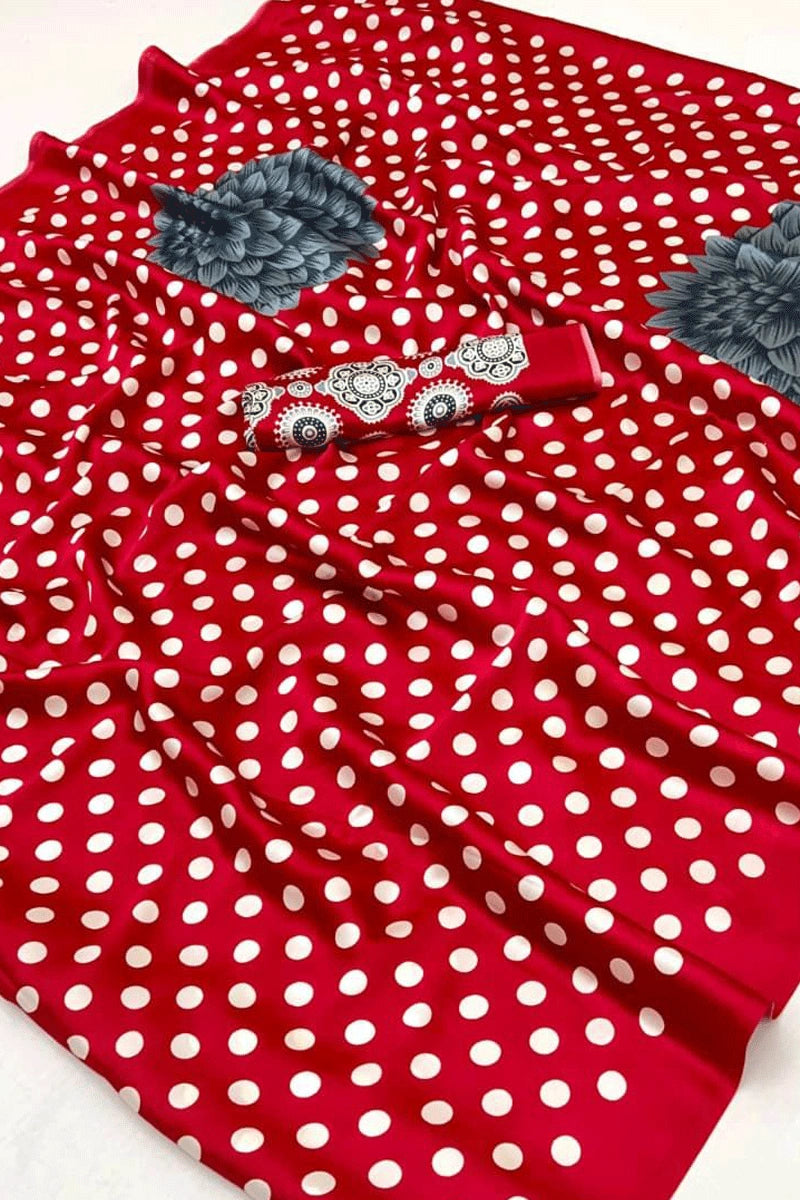 Red Pure Modal Satin Ajrakh Print Satin Saree