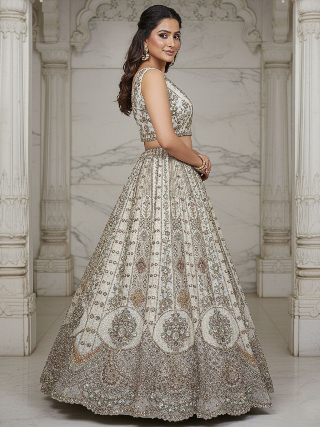 White Pure Soft Orgenza Sequins Work Bridal Lehenga Choli