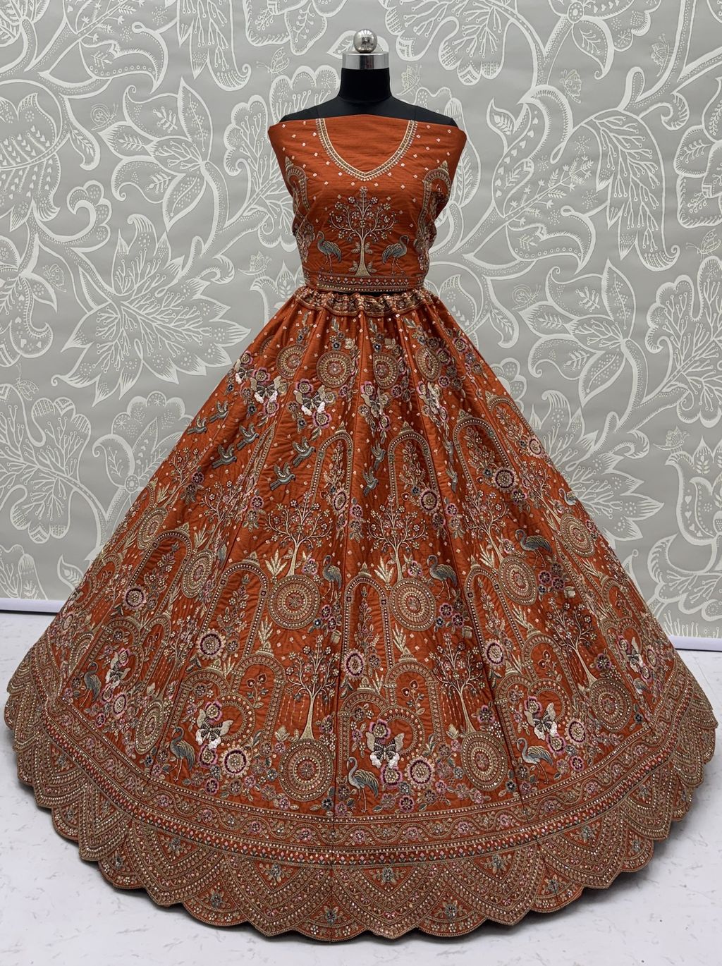 Orange Pure Soft Silk Heavy Embroidery Work Bridal Lehenga 