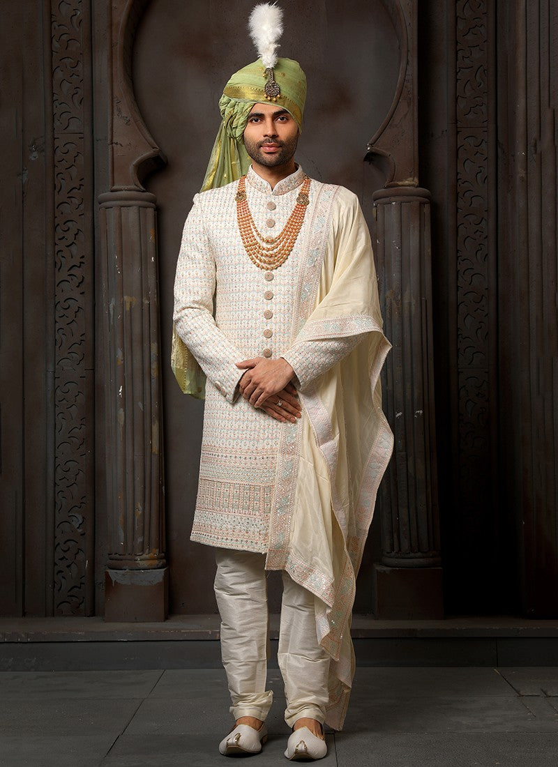 off White Colour Wedding Wear Sherwani Suit D.No.1726 Anant Tex Exports Private Limited