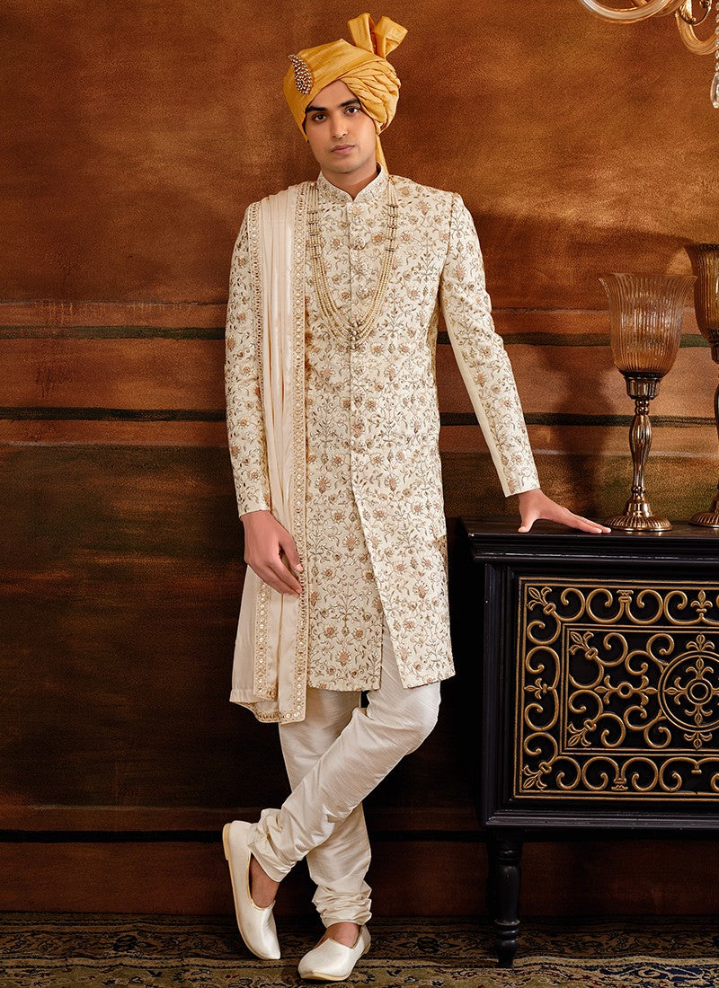 Off White Colour Designer Exclusive Wedding Wear Sherwani Suit D.No.1029 Anant Tex Exports Private Limited