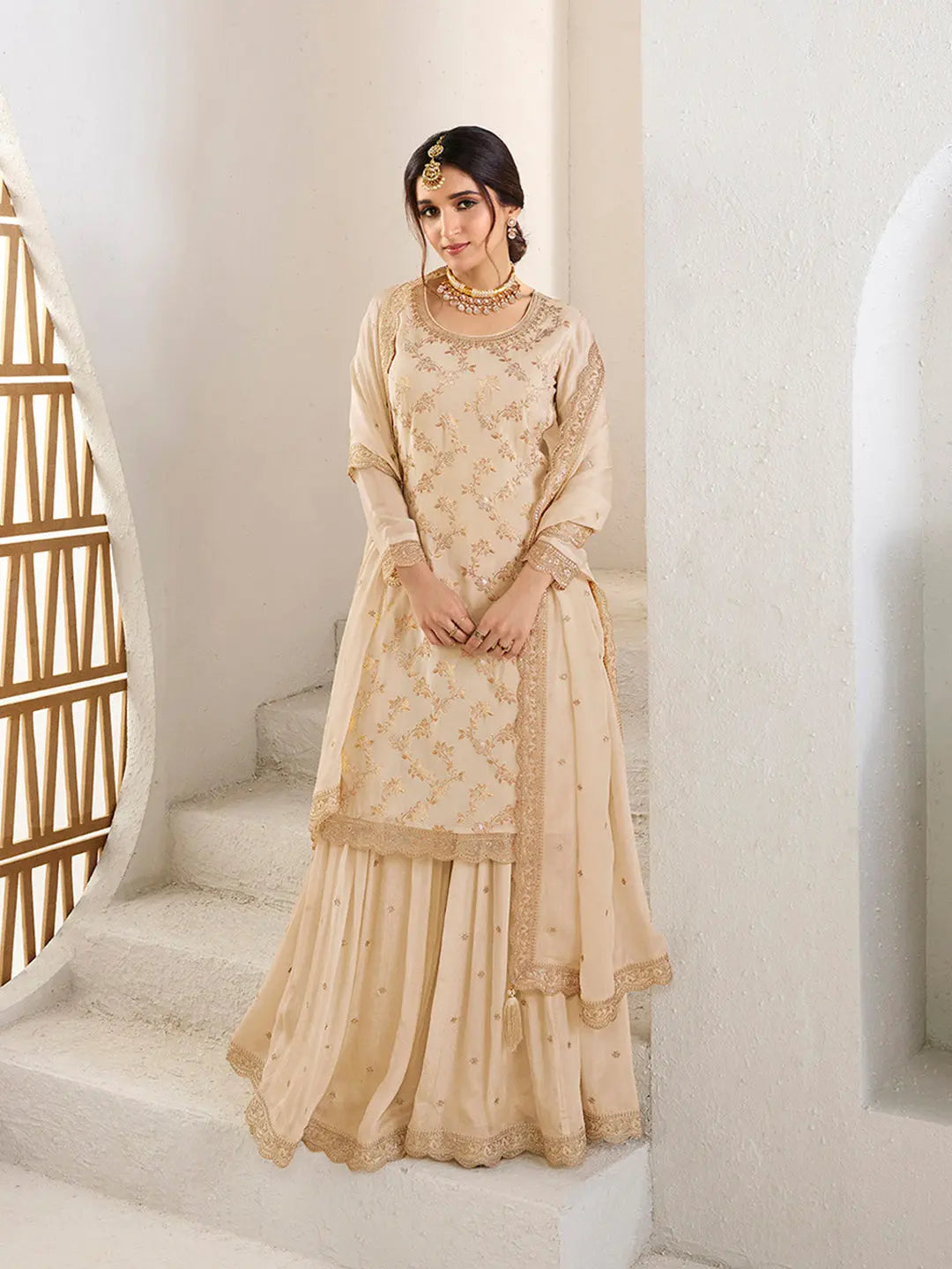 Beige Chinnon Embroidered Kurta Sharara Suit with Dupatta
