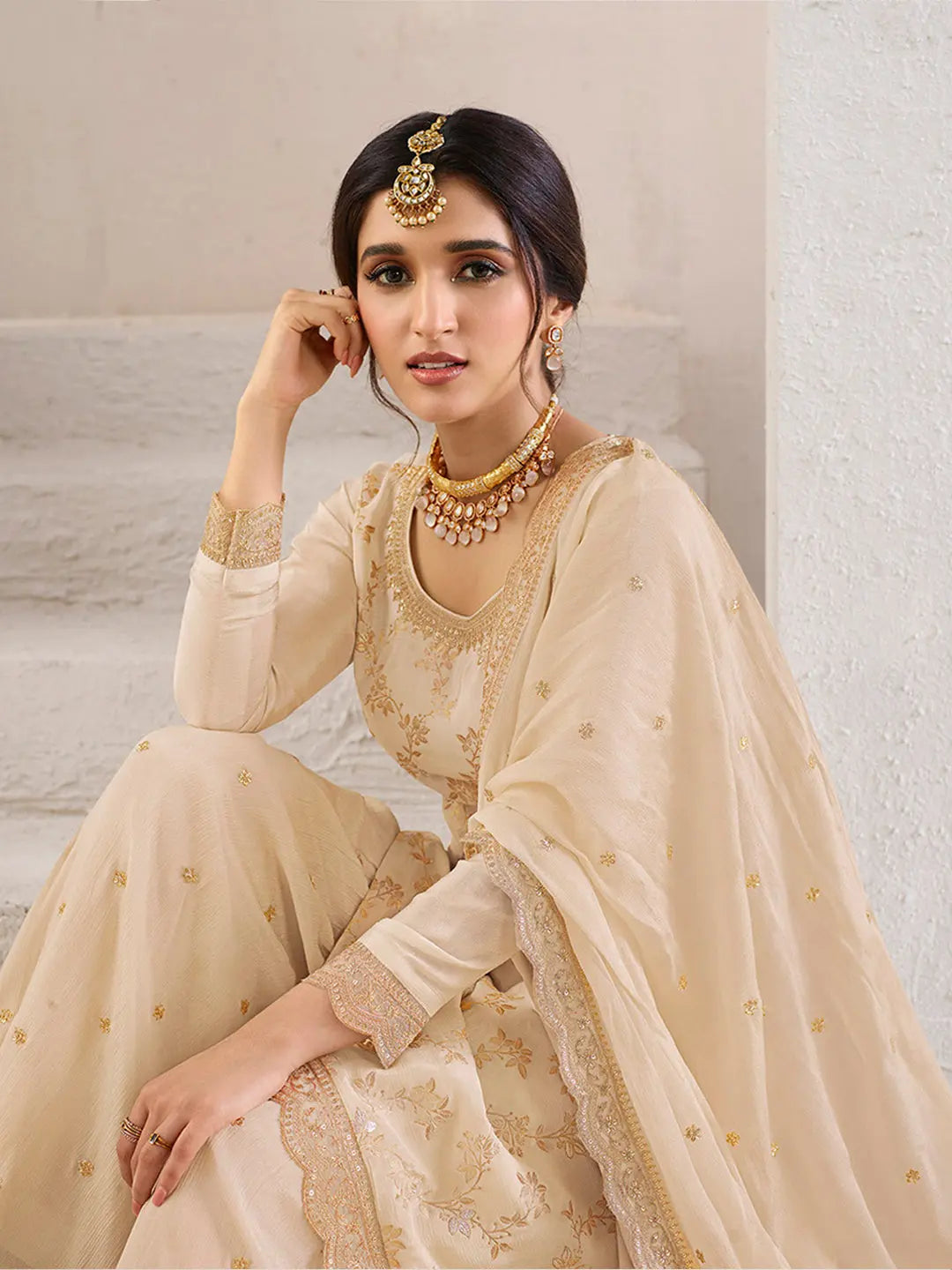 Beige Chinnon Kurta Sharara Suit with Embroidery for Women