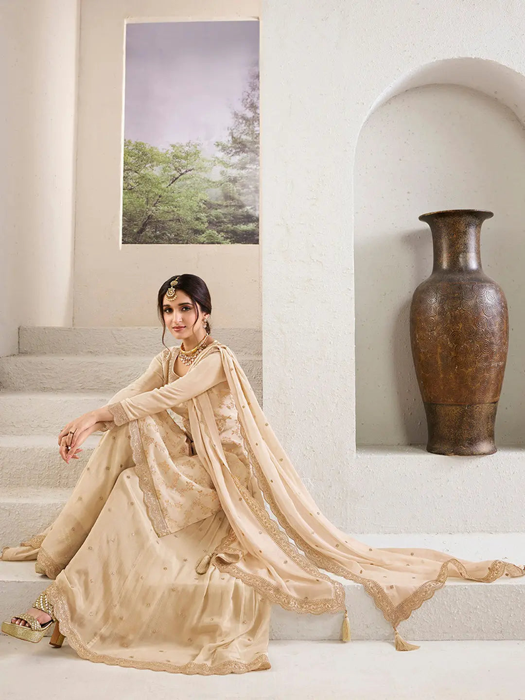 Traditional Beige Sharara Suit for Festive Occasions