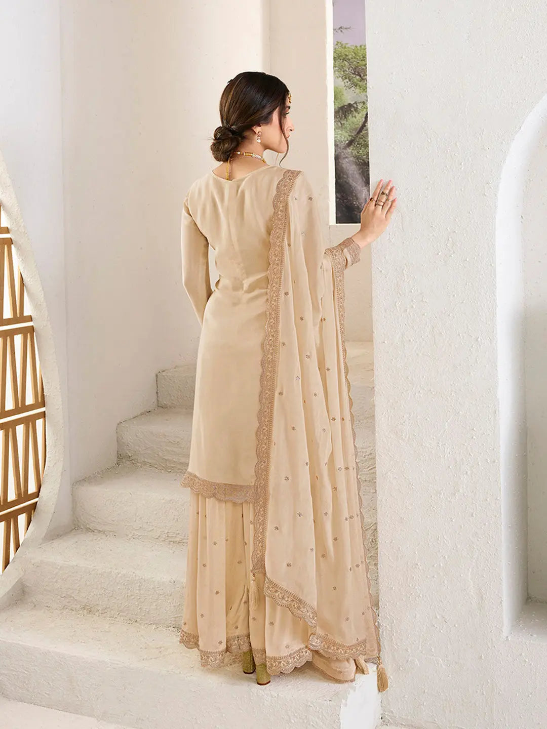 Full View of Embroidered Beige Kurta Sharara Set with Accessories