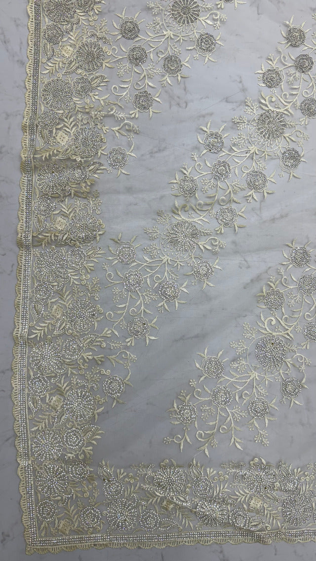 Cream Pure Premium Net Handwork Kasti &amp; Motif Zari Metallic Sequins Work Wedding Saree