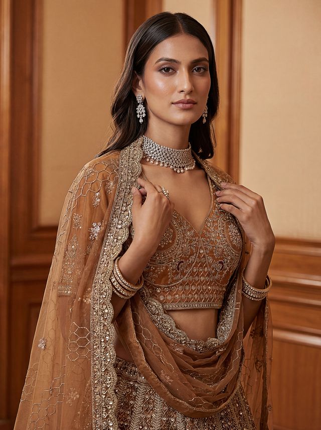 Orange Pure Soft Heavy Net Sequins Embroidery Work Bridal Lehenga 