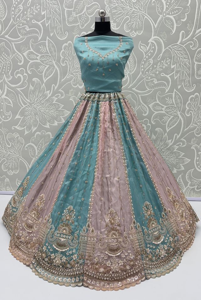 Multi Pure Soft Satin Silk Heavy Beads Motif Zari Embroidery Sequins Work Bridal Lehenga Choli