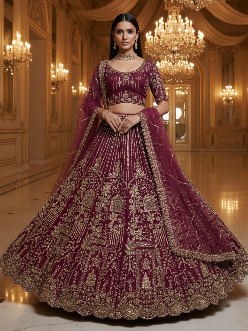 Rasperry Pure Soft Net Heavy Embroidery Work Bridal Lehenga