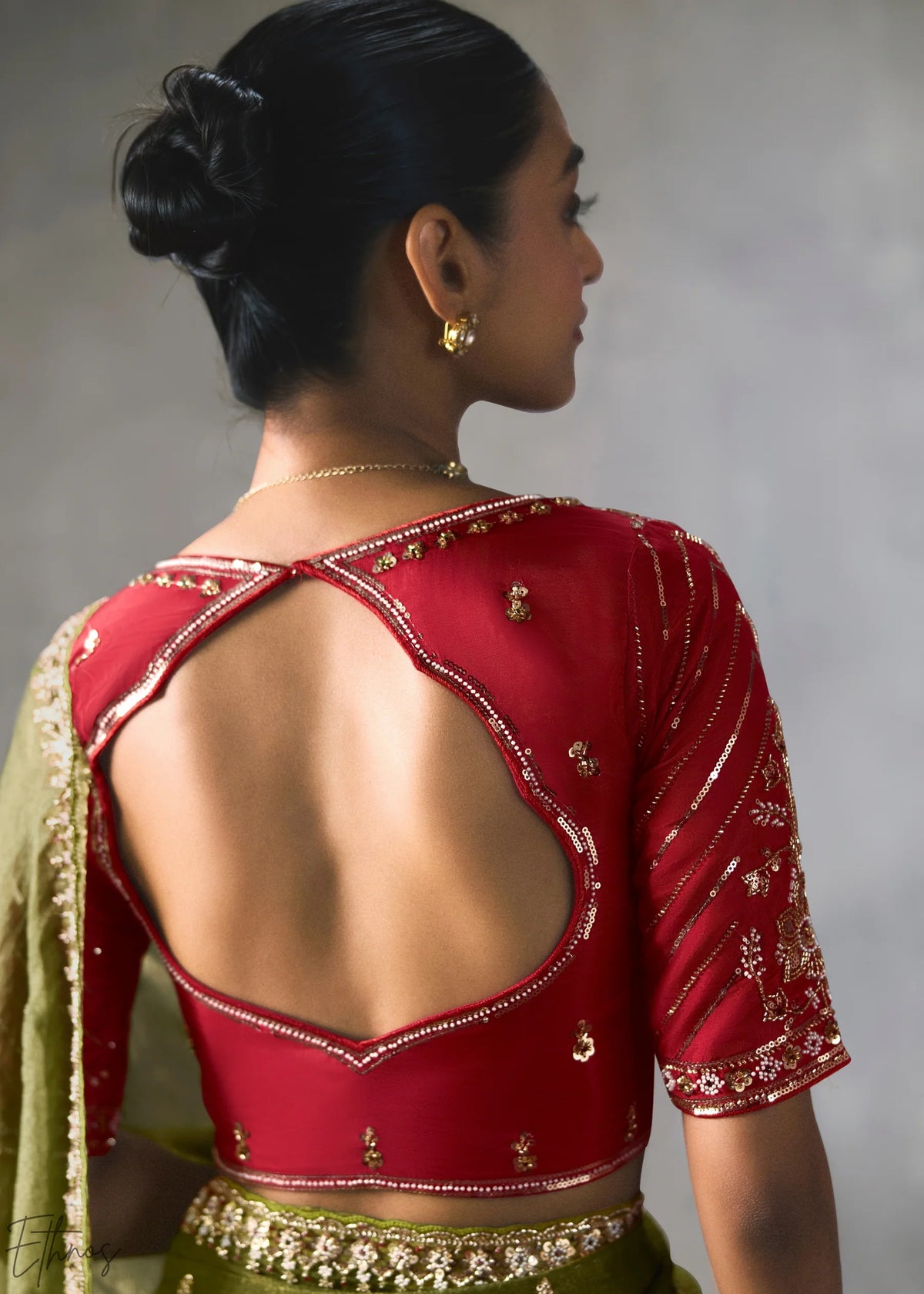 Olive Green Silk Blend Saree with Beads &amp; Cutdana Work