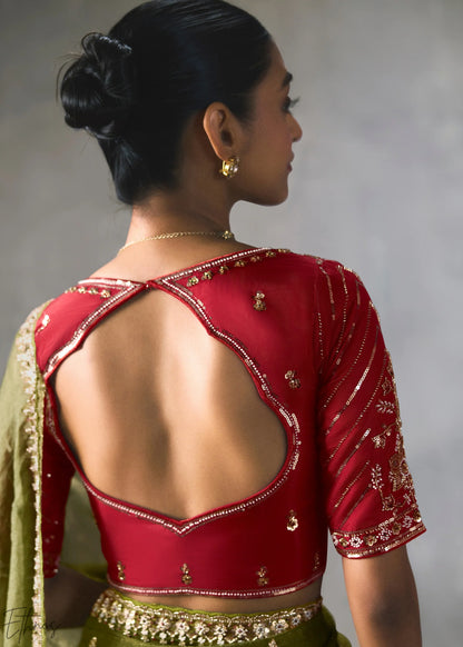 Olive Green Silk Blend Saree with Beads &amp; Cutdana Work