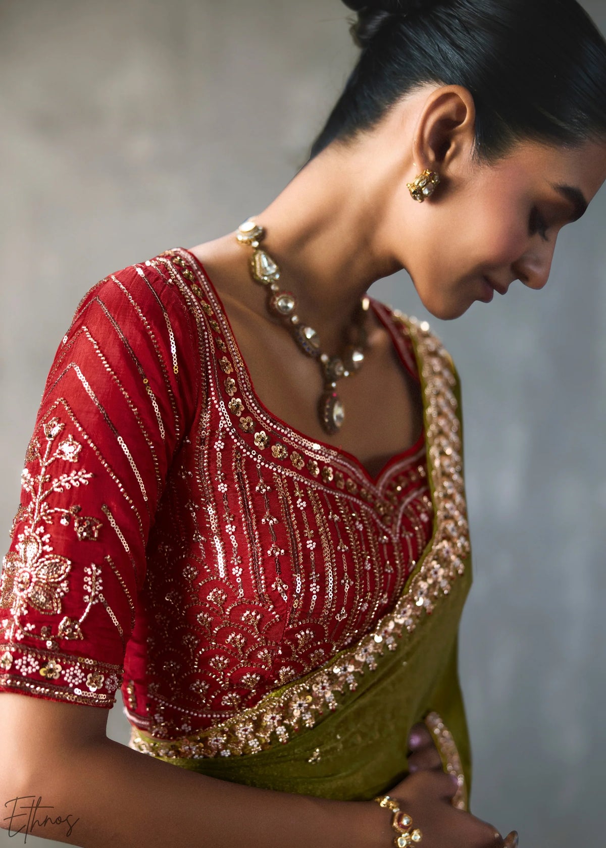 Olive Green Silk Blend Saree with Beads &amp; Cutdana Work