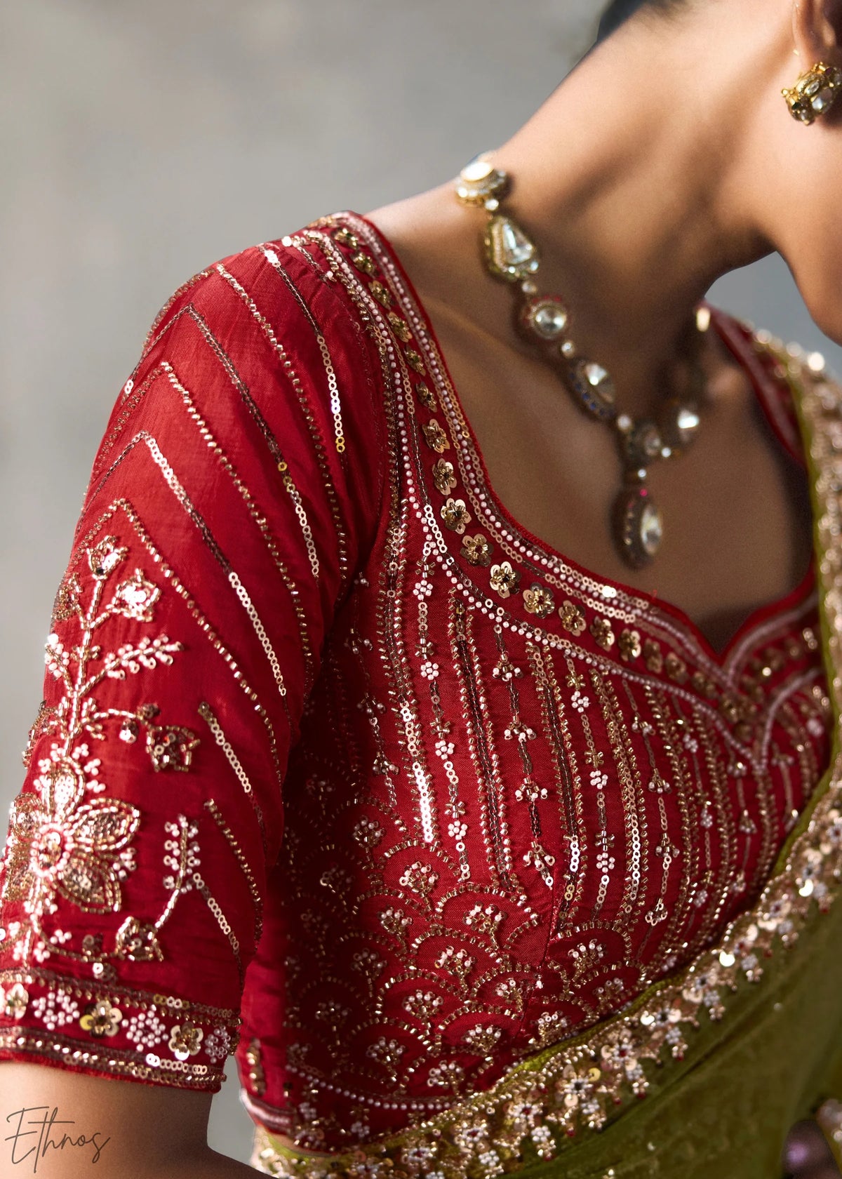Olive Green Silk Blend Saree with Beads &amp; Cutdana Work