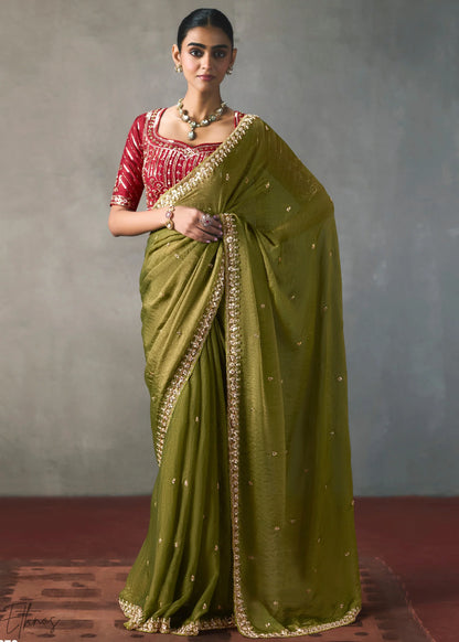 Olive Green Silk Blend Saree with Beads &amp; Cutdana Work