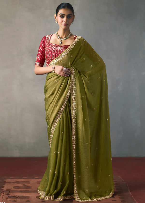 Olive Green Silk Blend Saree with Beads & Cutdana Work