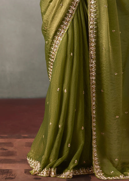 Olive Green Silk Blend Saree with Beads &amp; Cutdana Work