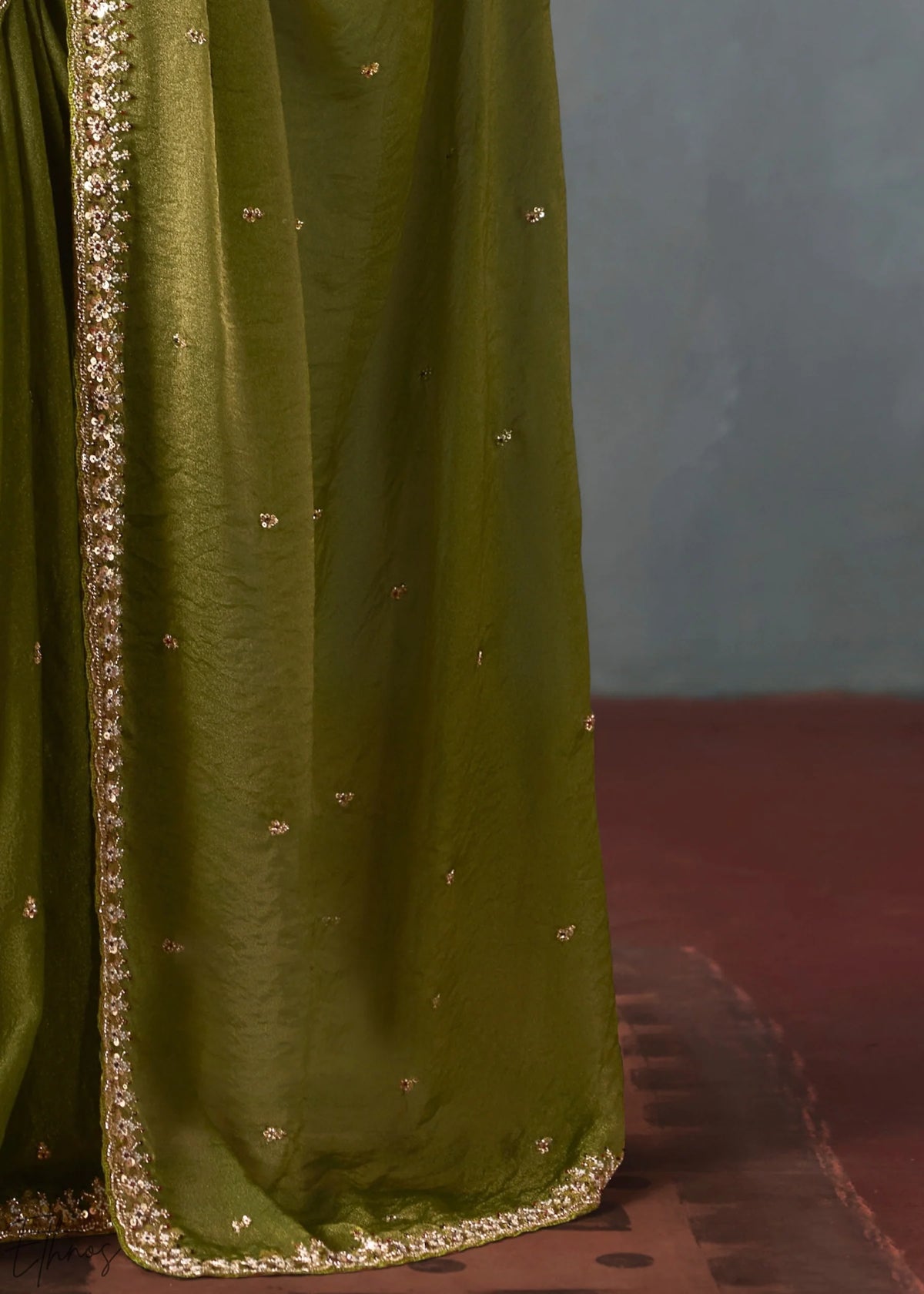 Olive Green Silk Blend Saree with Beads &amp; Cutdana Work