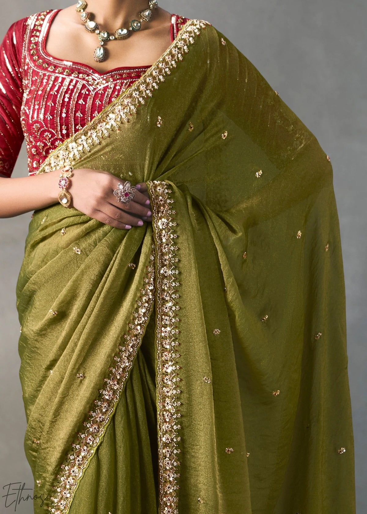 Olive Green Silk Blend Saree with Beads &amp; Cutdana Work