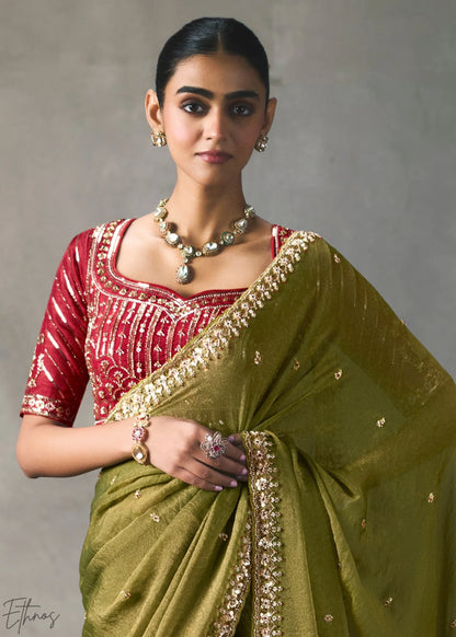 Olive Green Silk Blend Saree with Beads &amp; Cutdana Work