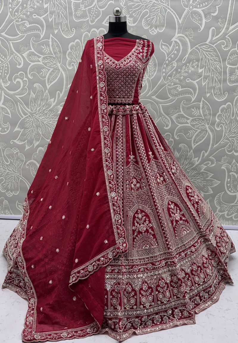 Red Pure Soft Satin Silk Heavy Embroidery Work Bridal Lehenga