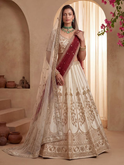Off White Pure Soft Heavy Net Sequins Embroidery Work Bridal Lehenga Choli 