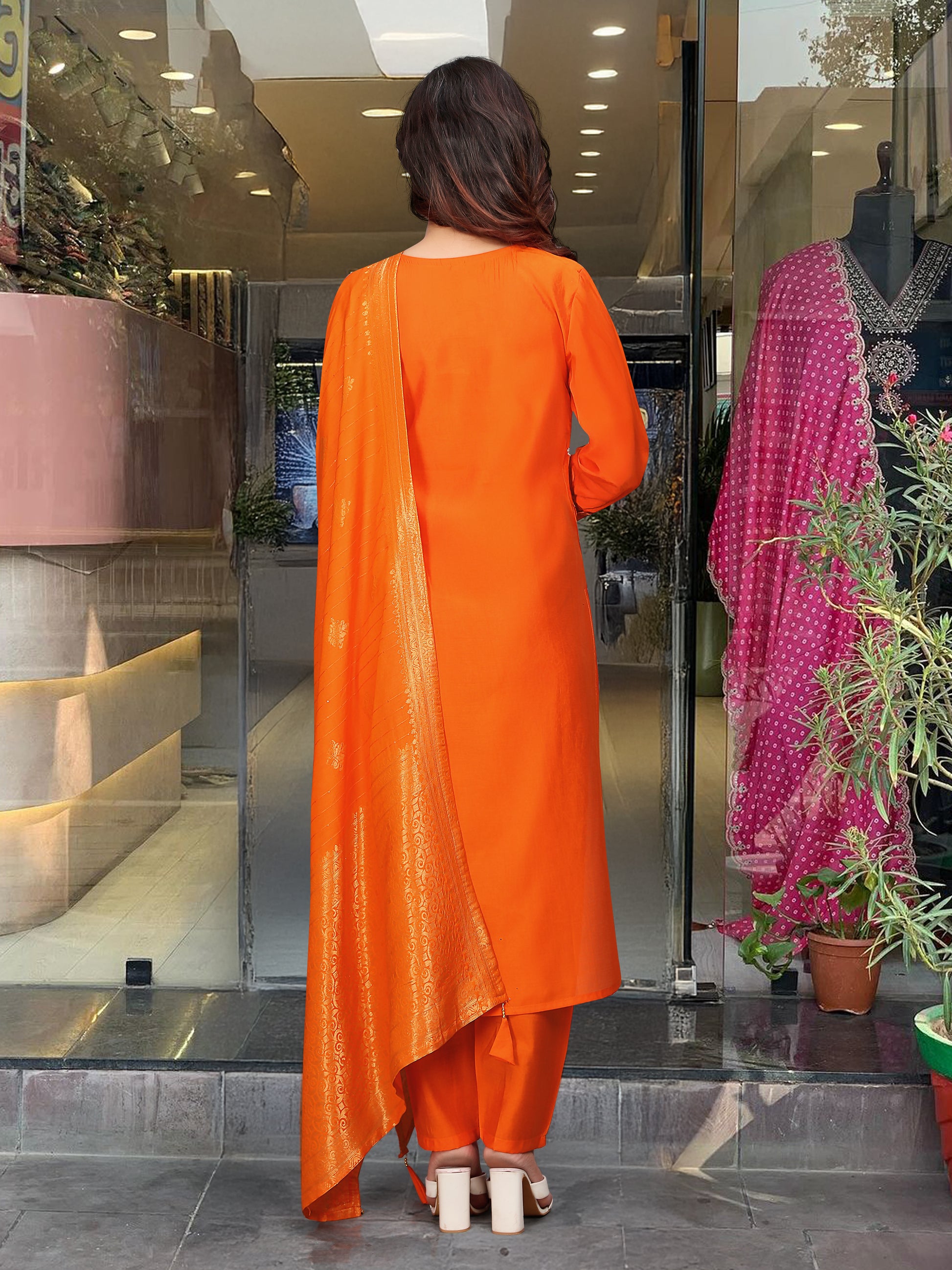 Orange Embroidered Viscose Chanderi Kurti Set