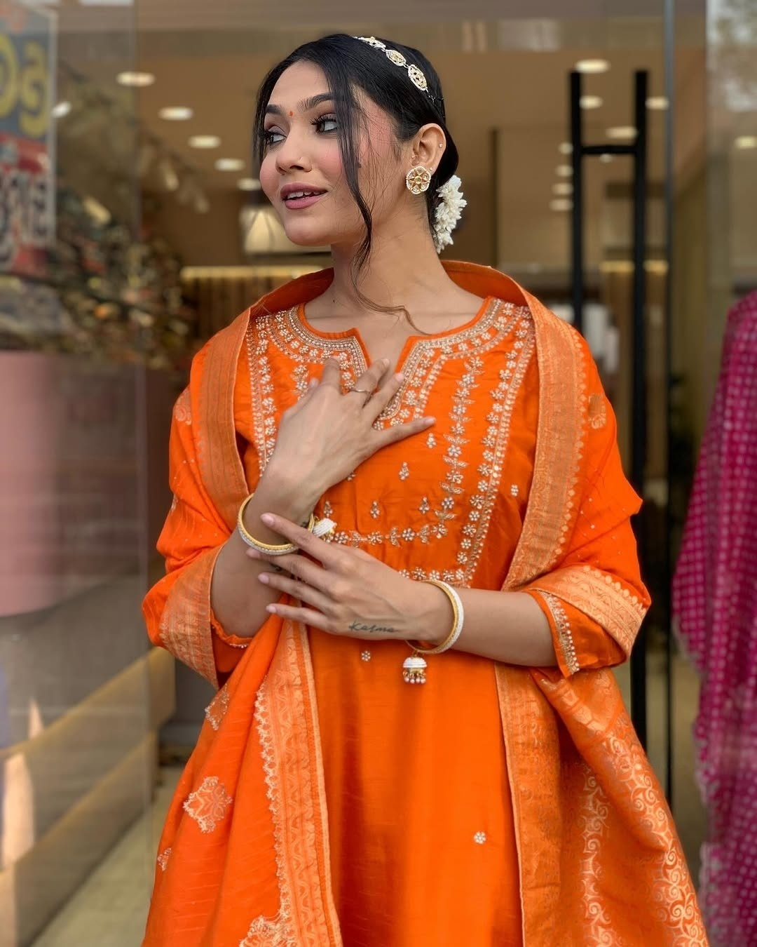 Orange Embroidered Viscose Chanderi Kurti Set