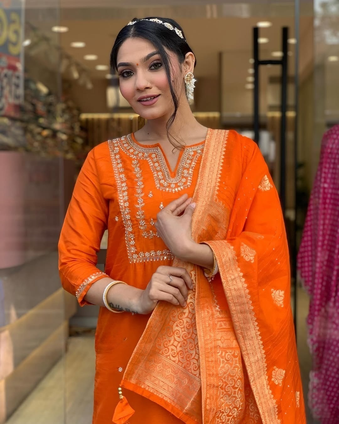Orange Embroidered Viscose Chanderi Kurti Set