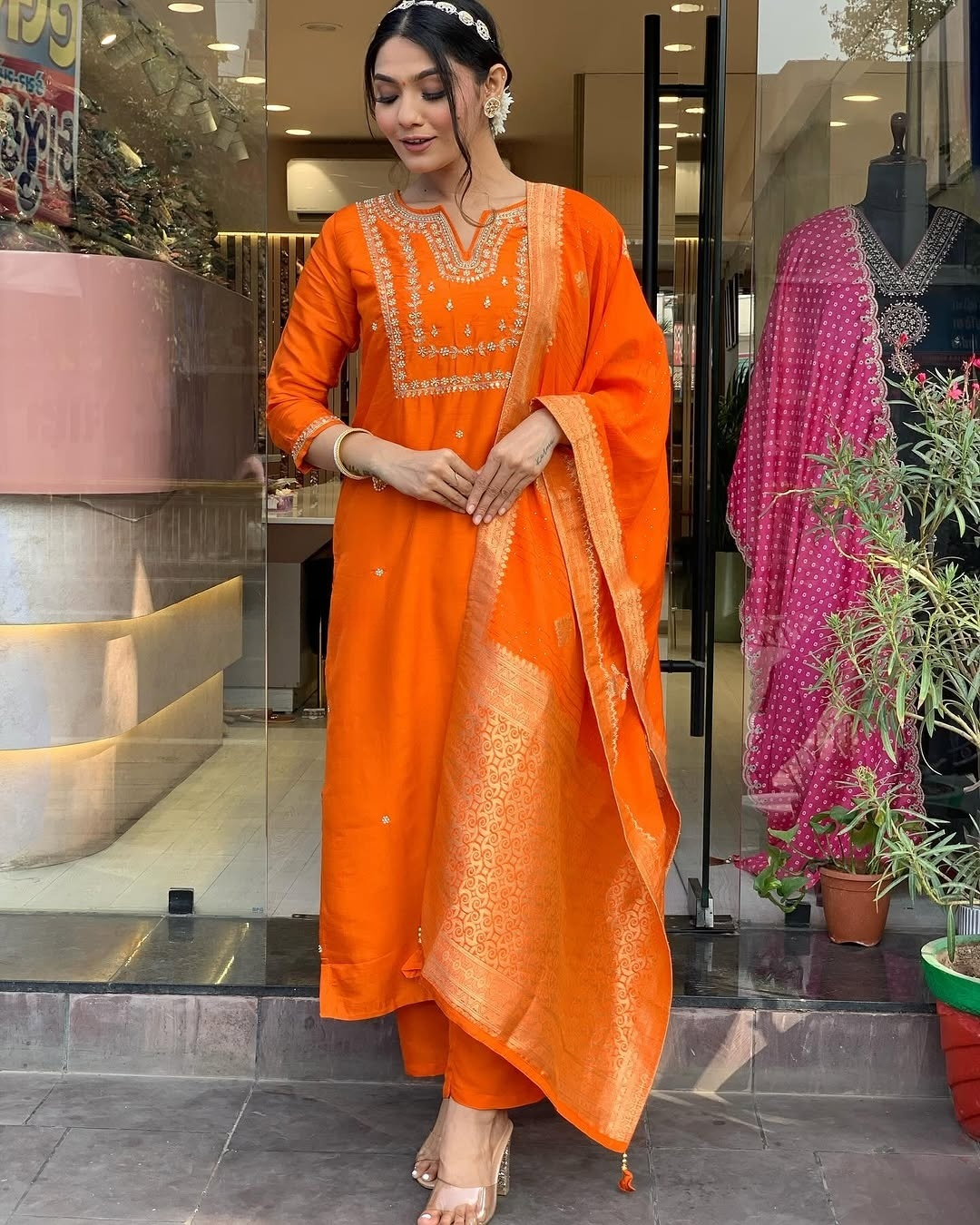 Orange Embroidered Viscose Chanderi Kurti Set