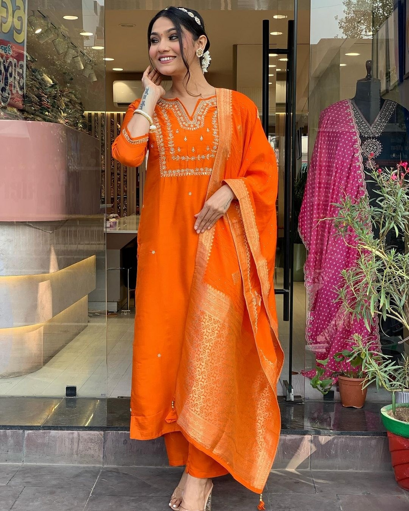 Orange Embroidered Viscose Chanderi Kurti Set