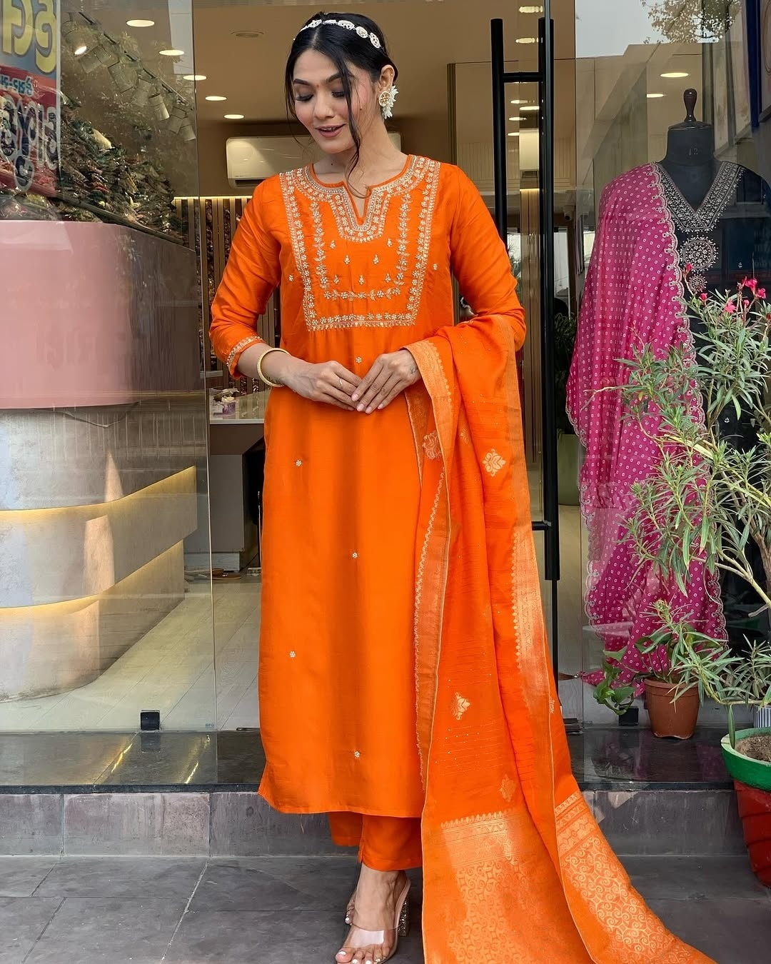Orange Embroidered Viscose Chanderi Kurti Set