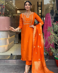 Orange Embroidered Viscose Chanderi Kurti Set