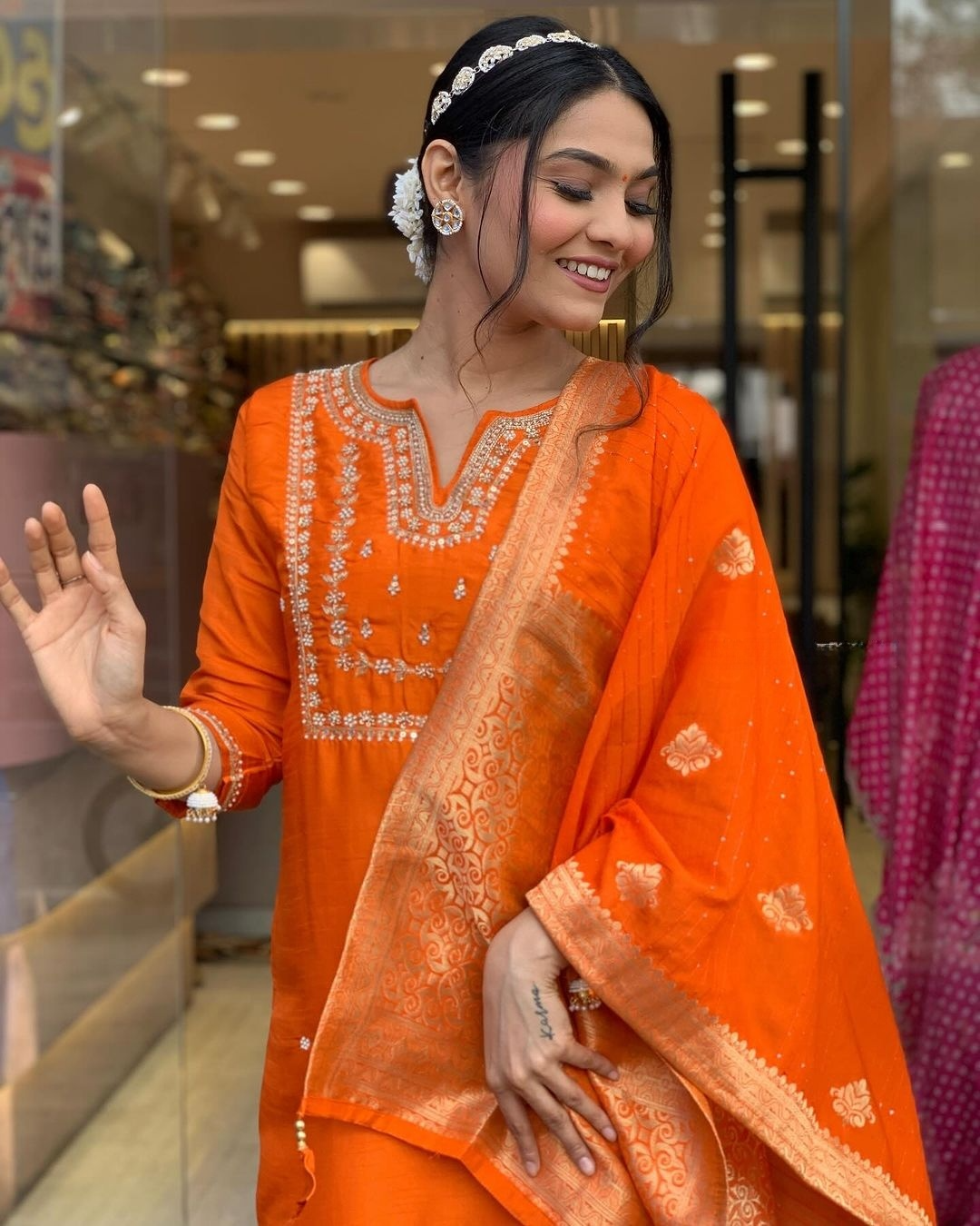 Orange Embroidered Viscose Chanderi Kurti Set