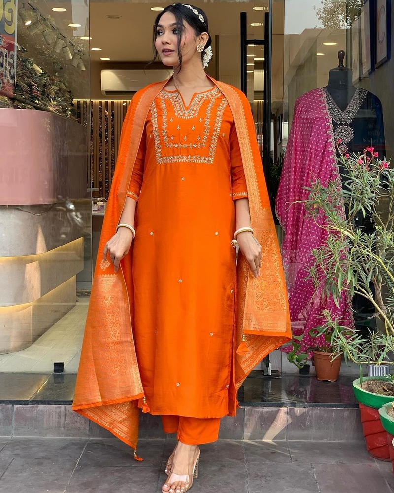 Orange Embroidered Viscose Chanderi Kurti Set