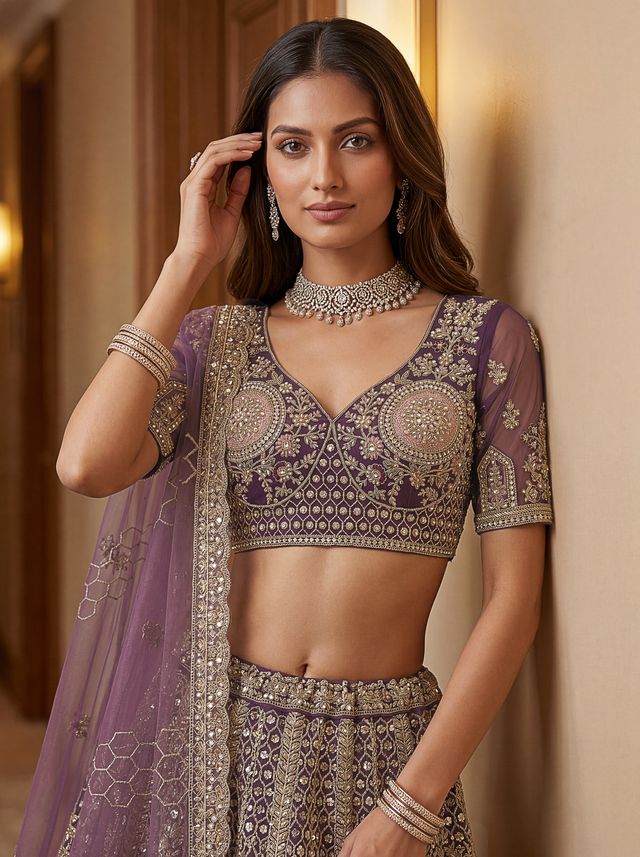 Purple Pure Soft Heavy Net Sequins Embroidery Work Bridal Lehenga 
