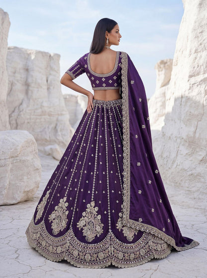 Purple Pure Soft Silk Heavy Sequins Embellishment Work Bridal Lehenga Choli 