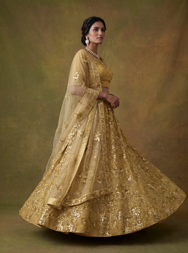Golden Pure Soft Heavy Net Sequins Embroidery Work Bridal Lehenga Choli 