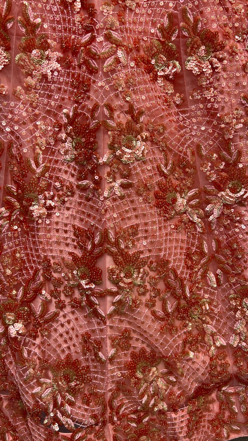Peach Pink Pure Soft Heavy Net Sequins Embroidery Work Bridal Lehenga 