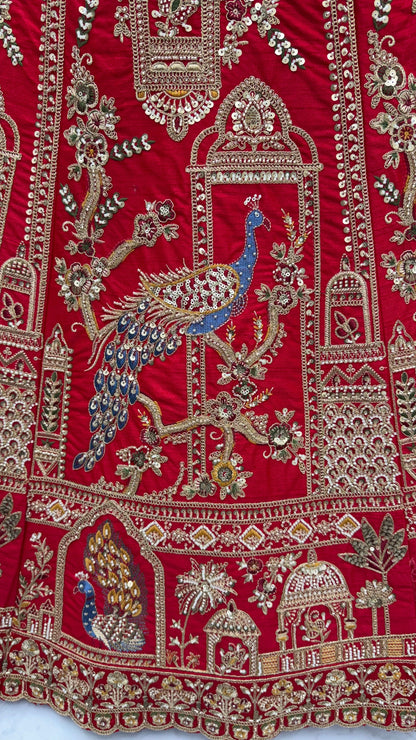 Red Pure Gadhwal Silk Khatali Handwork Sequins &amp; Crystal Bridal Lehenga Choli