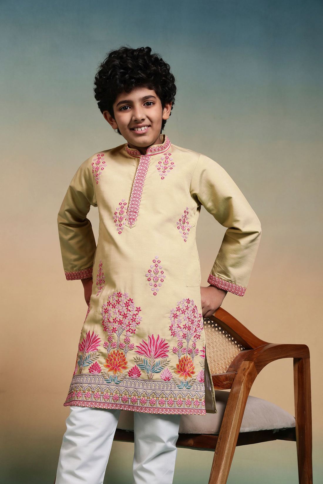 Yellow Pure Viscose Silk Kids Boy Kurta Pajama 