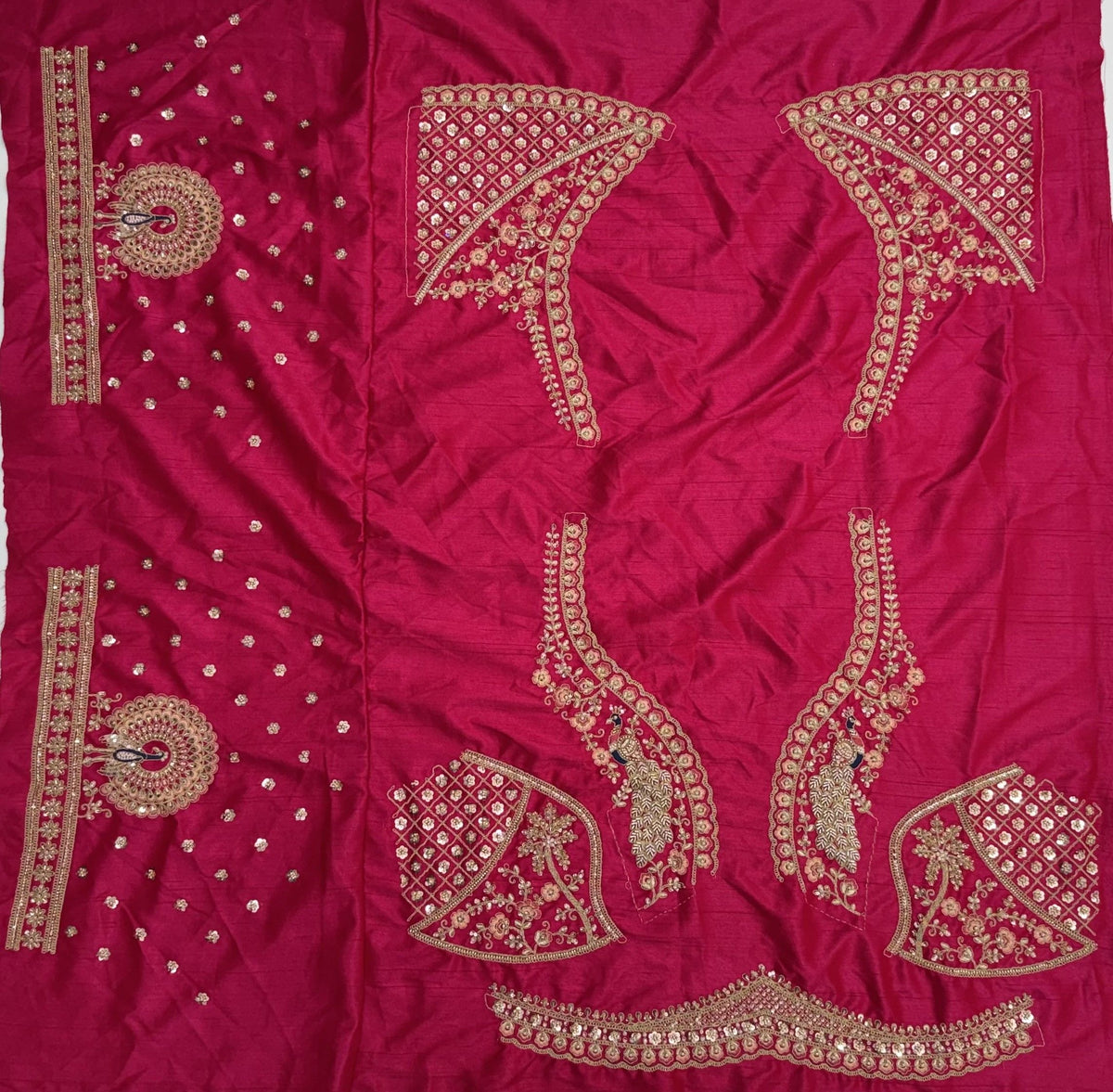Red Pure Premium Gharwal Siik Peacock &amp; Giraffe Thread &amp; Zari Handwork Crystal Motif 
Sequins Work Bridal Lehenga Choli