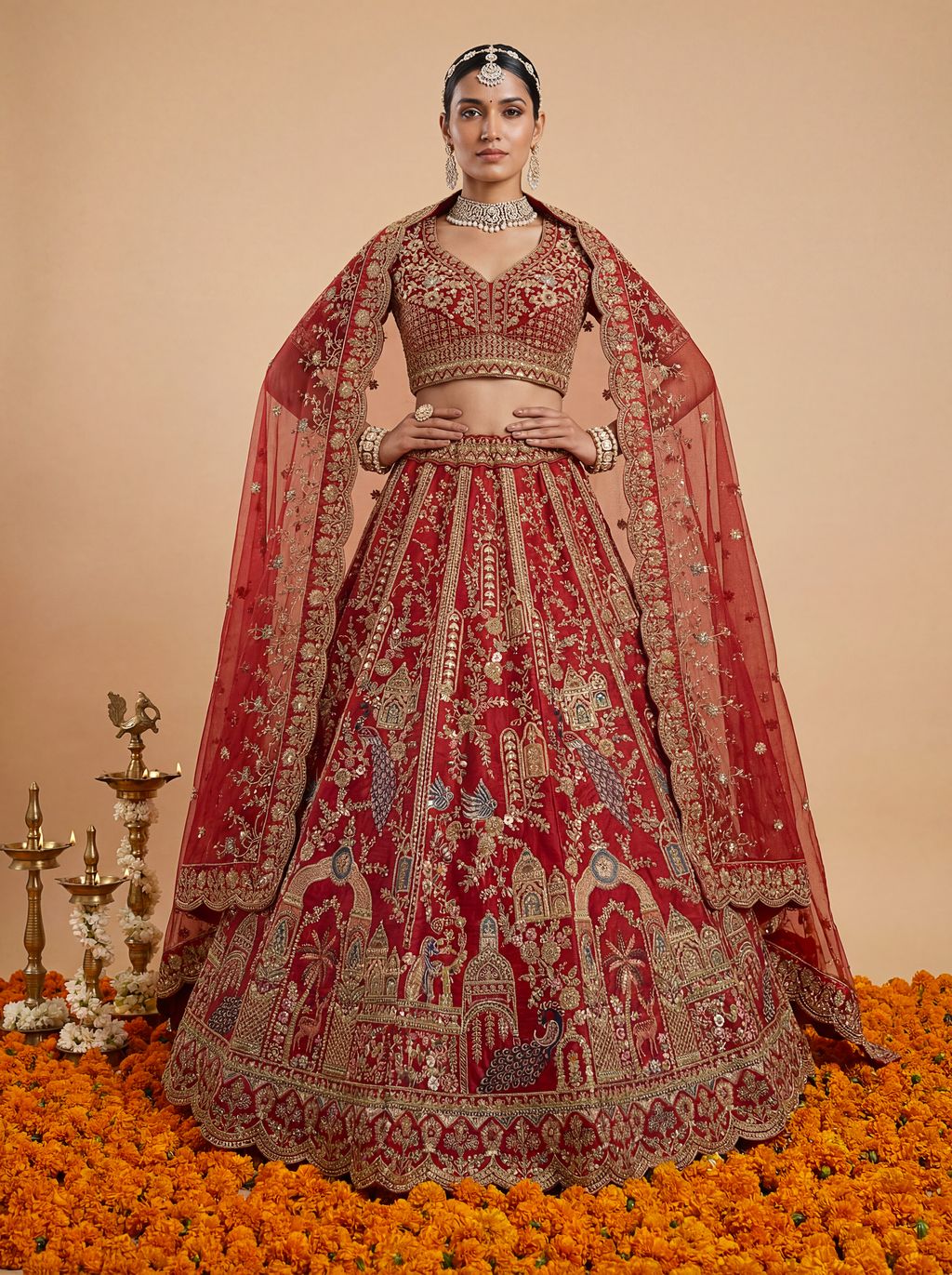Red Pure Soft Silk Heavy Embroidery Work Bridal Lehenga 