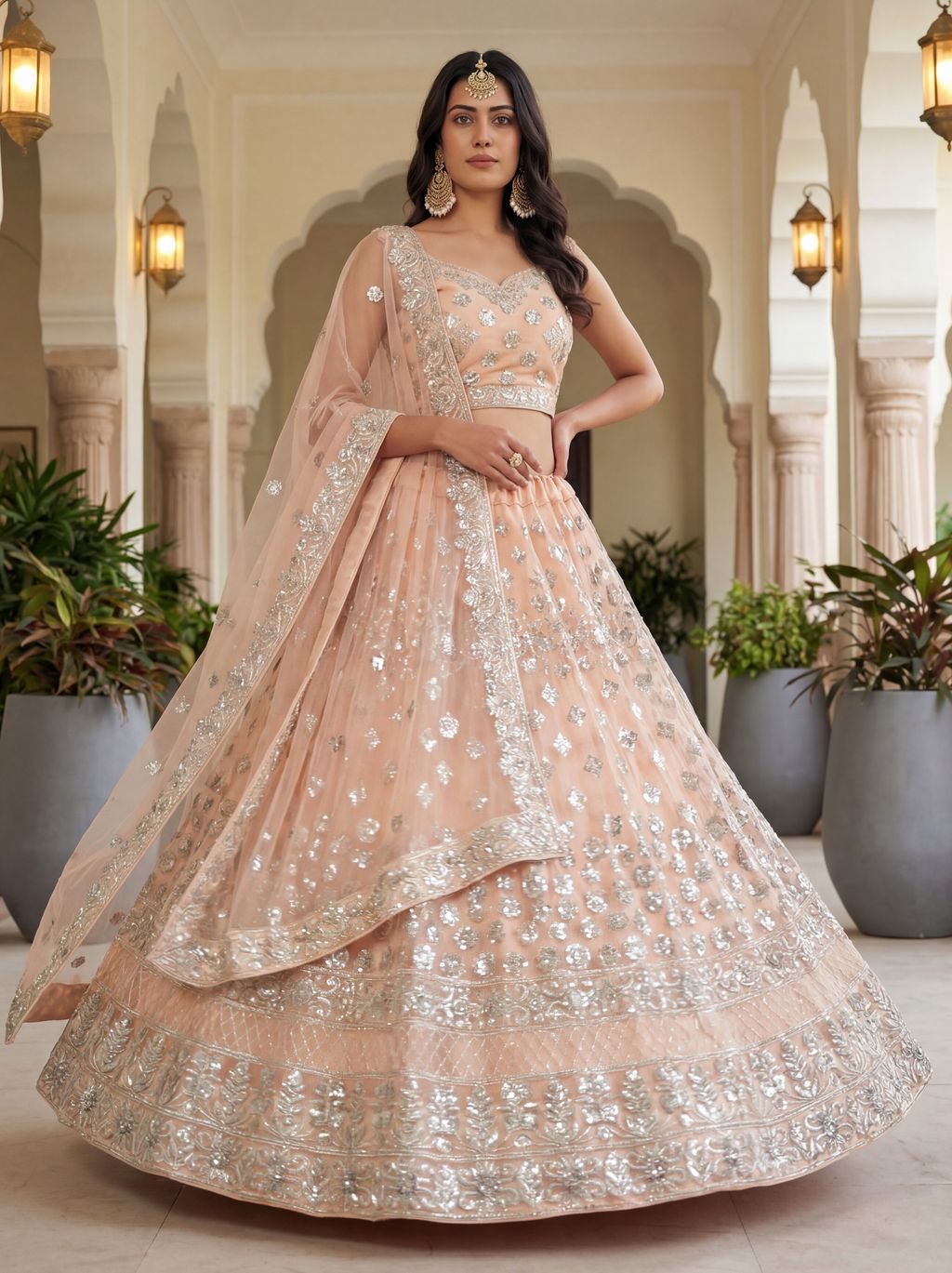 Peach Pure Soft Net Heavy Embroidery Work Bridal Lehenga