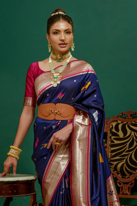 Beautiful Designer Navy Blue Paithani Silk Saree With Blouse
