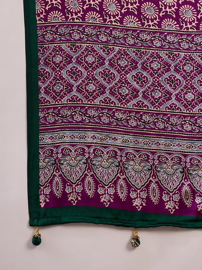 Emerald Green Semi Modal Traditional Printed Saree with Purple Border