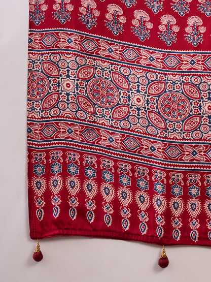 Red Pure Semi Modal Silk Floral Printed Saree 
