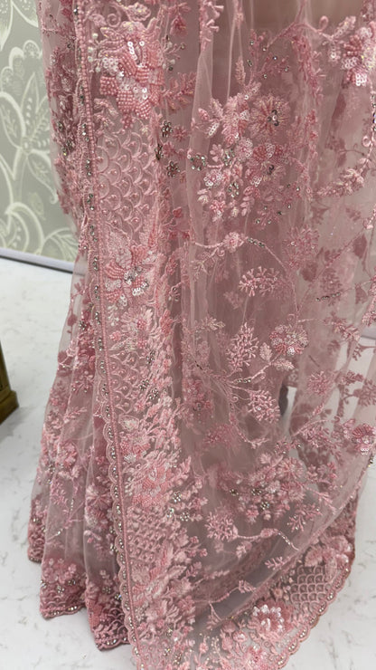 Pink Pure Premium Net Handwork Kasti &amp; Motif Zari Metallic Sequins Work Wedding Saree