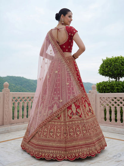 Red Pure Soft Heavy Silk Sequins Embroidery Work Bridal Lehenga 