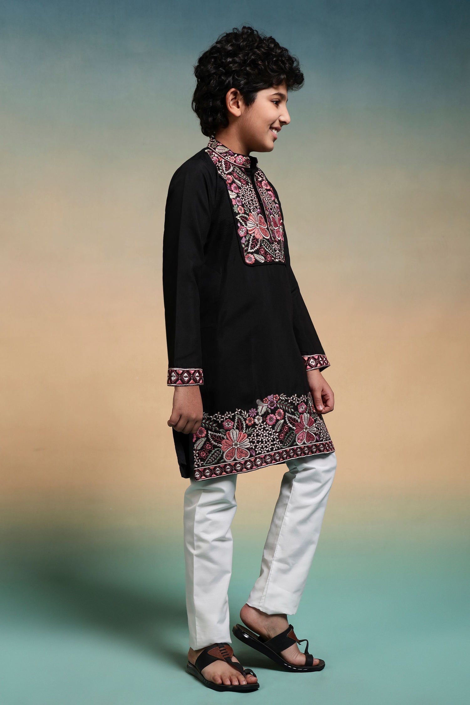 Black Pure Viscose Silk Kids Boy Kurta Pajama 