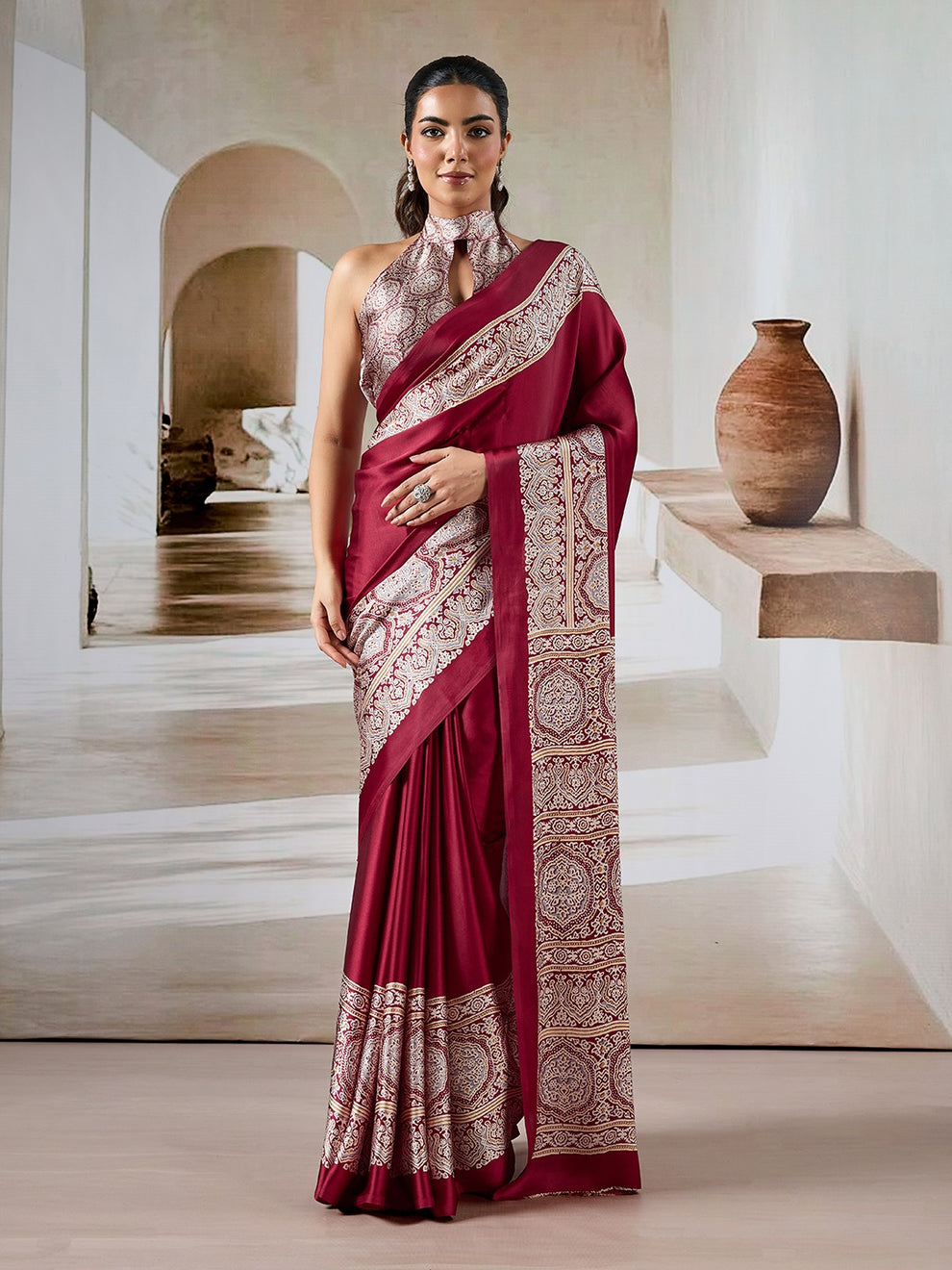 Maroon Pure Soft Modal Satin Ajrakh Print Satin Saree Japan Satin Saree Anant Tex Exports Pvt.Ltd..